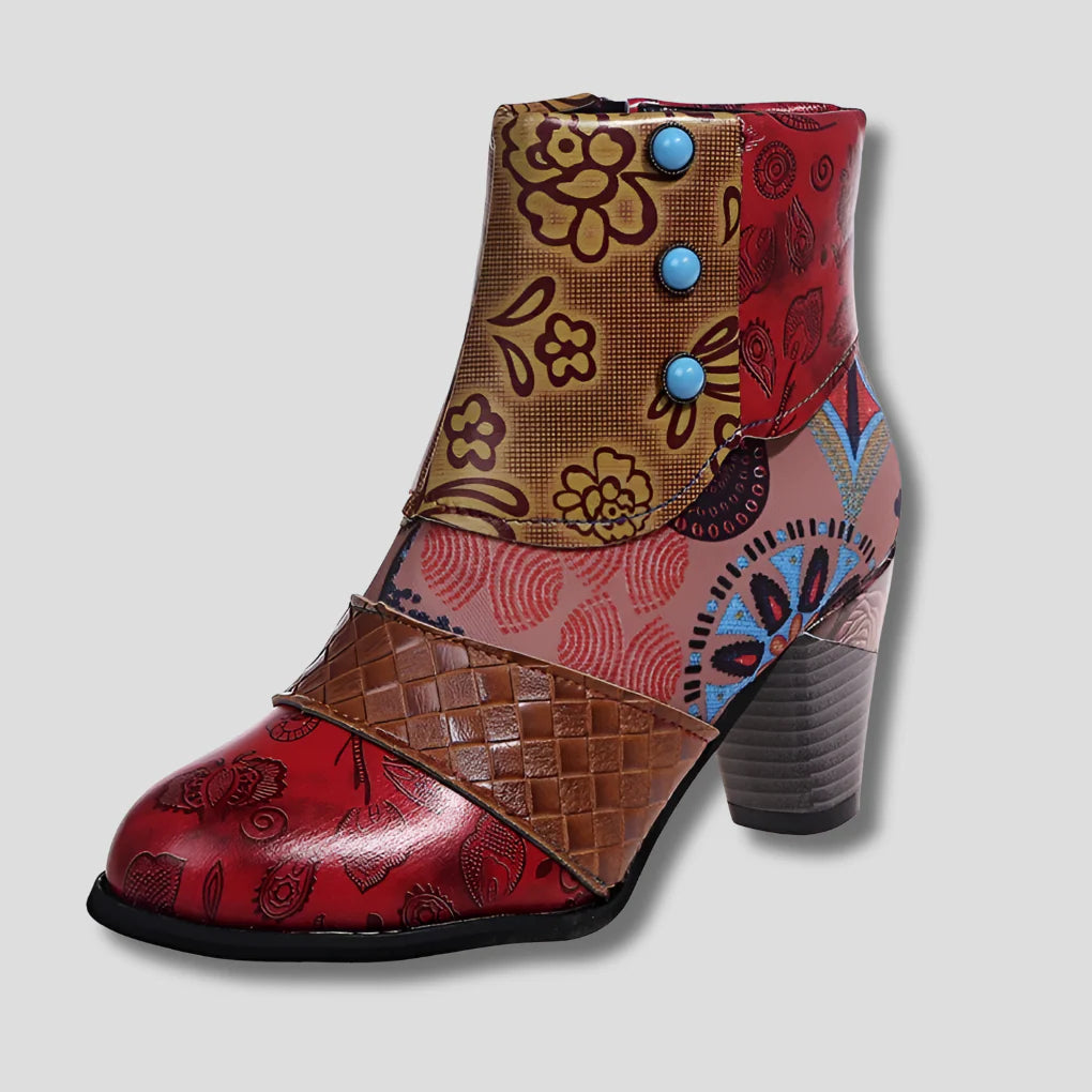 Embossed Floral Leather with Chunky Heel and Vintage Charm