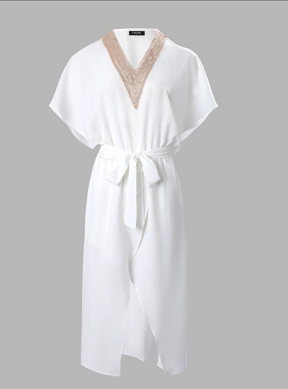 Modern White Midi Dress with V-Neck Clean Lines