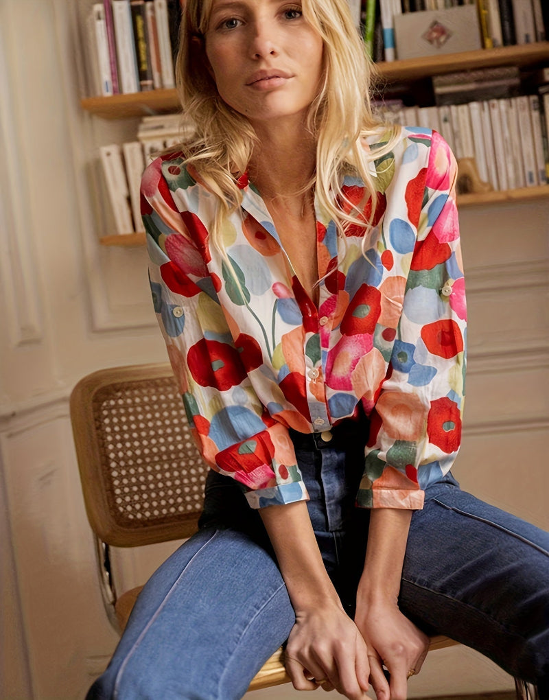 Floral Cartoon Print Button-Up Shirt
