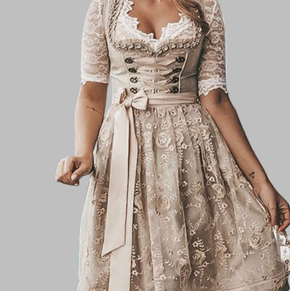 Traditional German Dirndl Dress with Lace Bodice and Lace Blouse