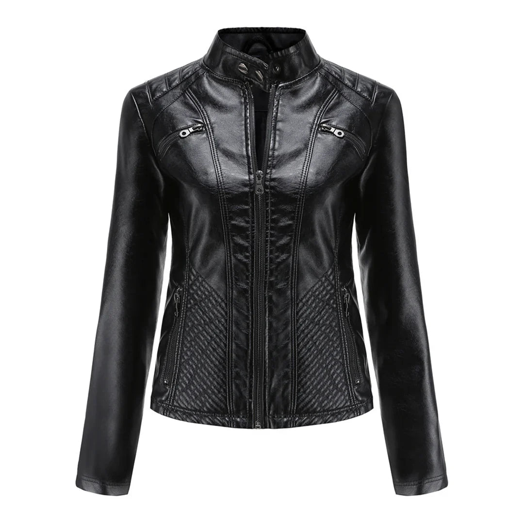 Stylish Faux Leather Women's Jacket with Classic Biker Design