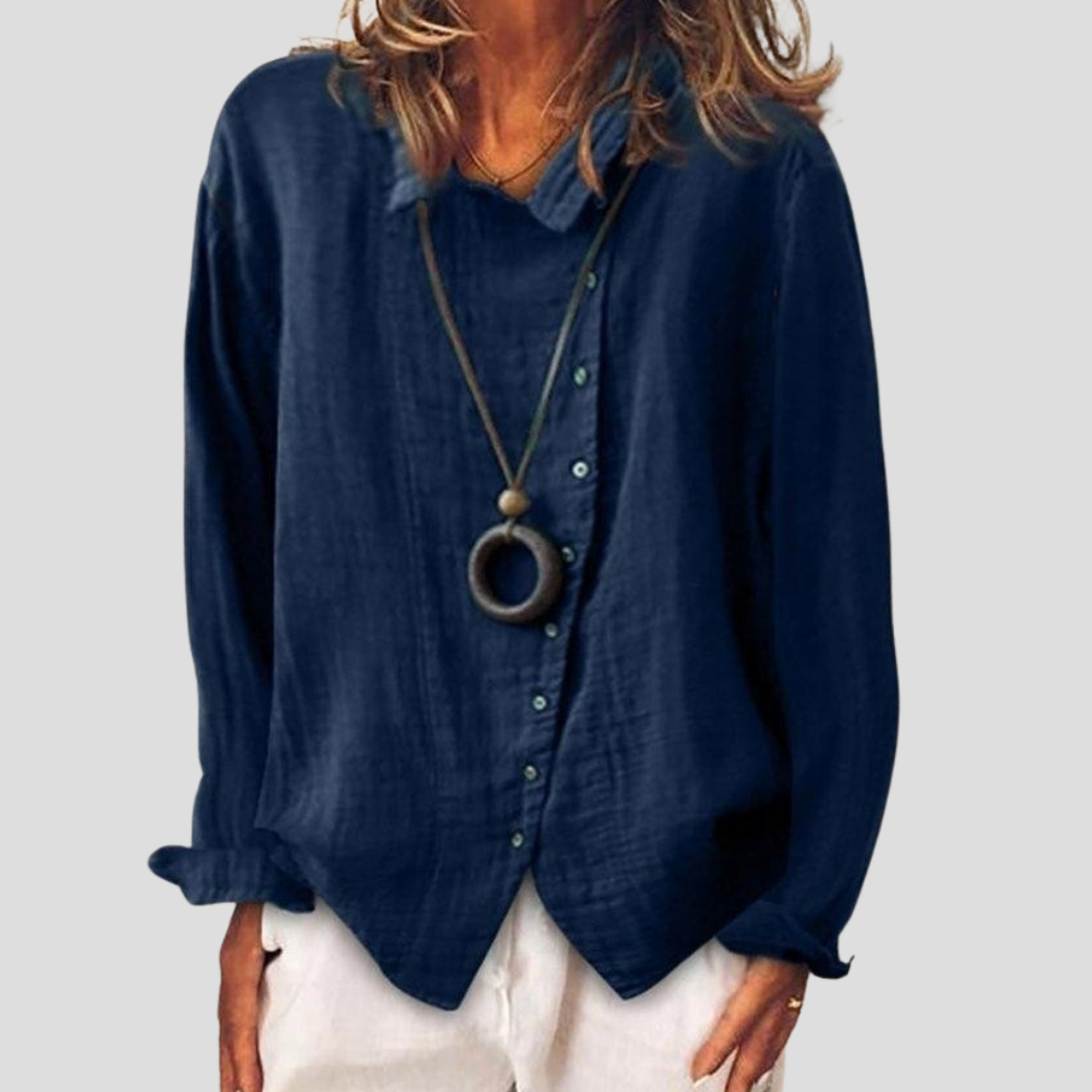 Women’s Blue Button Lapel Long-Sleeve Shirt