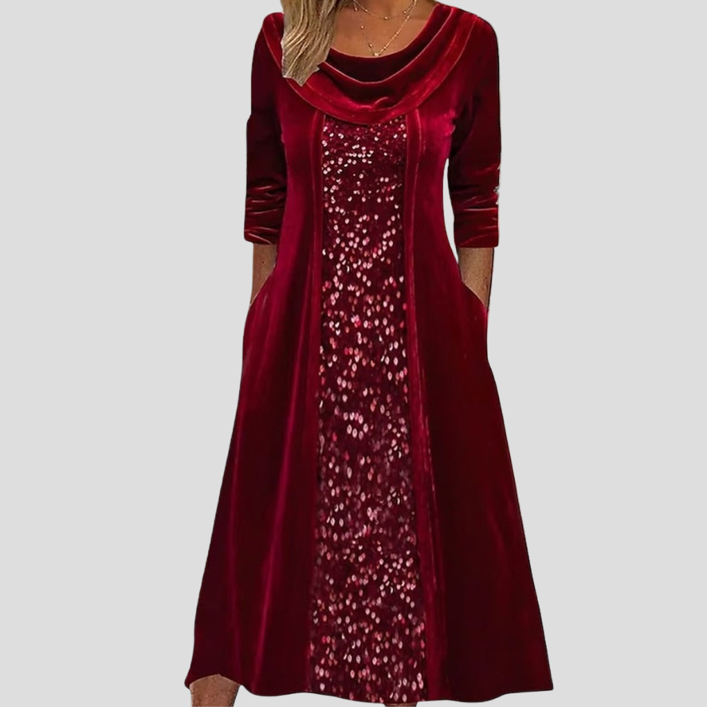 Women’s Velvet Wine-Red Long-Sleeve Dress