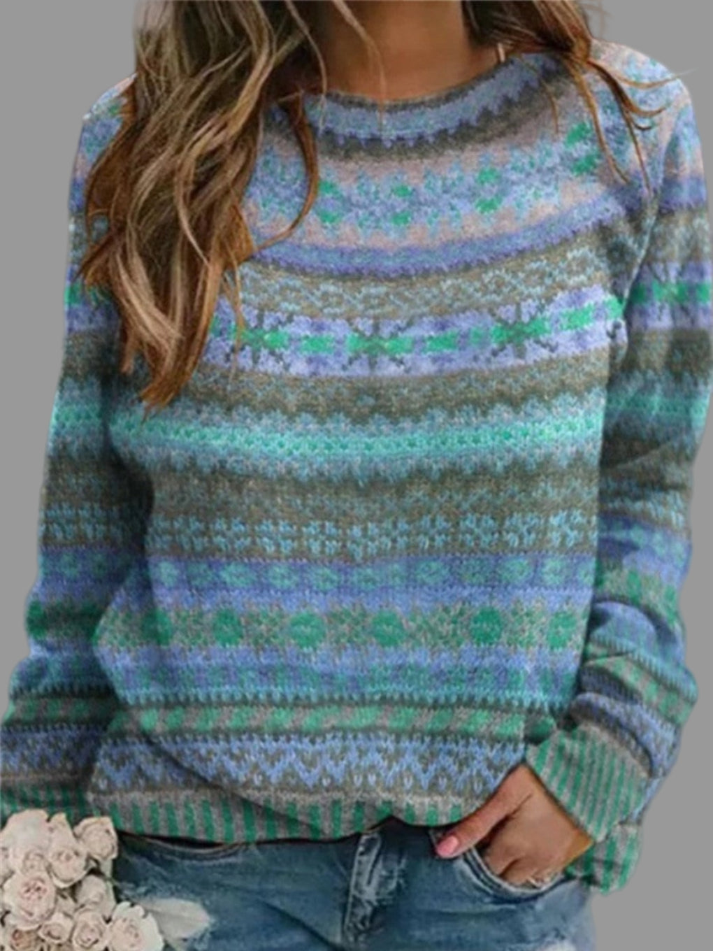 Women’s Round Neck Sweater – Soft Vintage Blue Layer