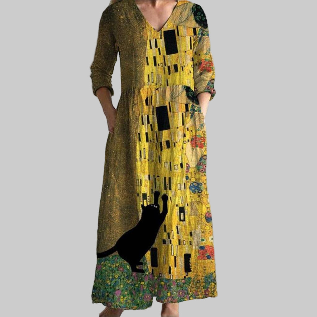 Creative Cat Print Dress – Playful Vintage-Inspired Charm