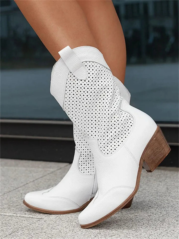 Western Cowboy Boots with Low Heel and Mid-Calf Shaft