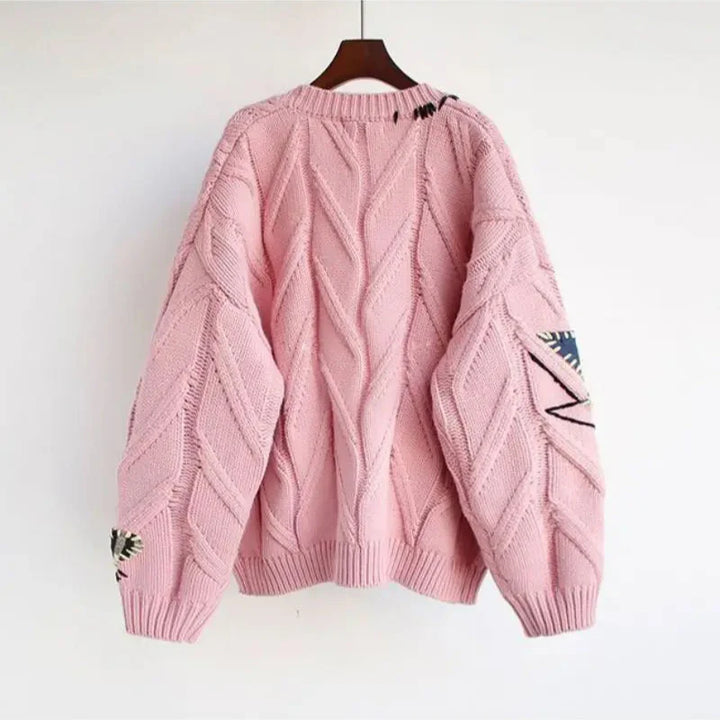 CozyKnit – Knitted V-Neck Women’s Cardigan with Patchwork Embroidery
