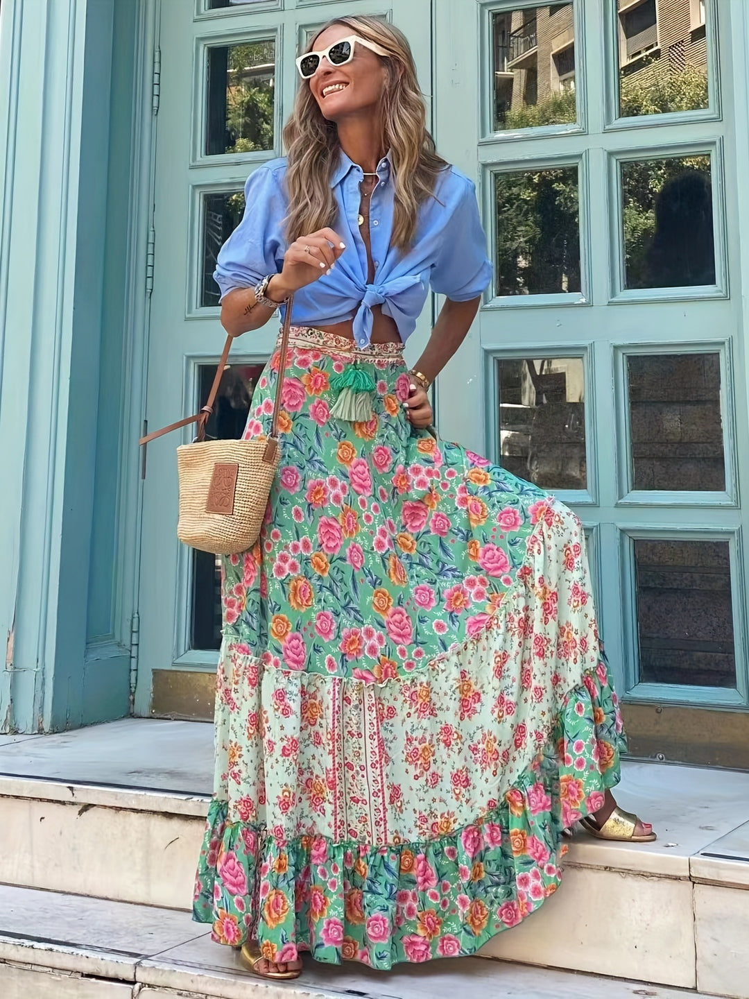 Elegant Long Floral Skirt with Elastic Waist
