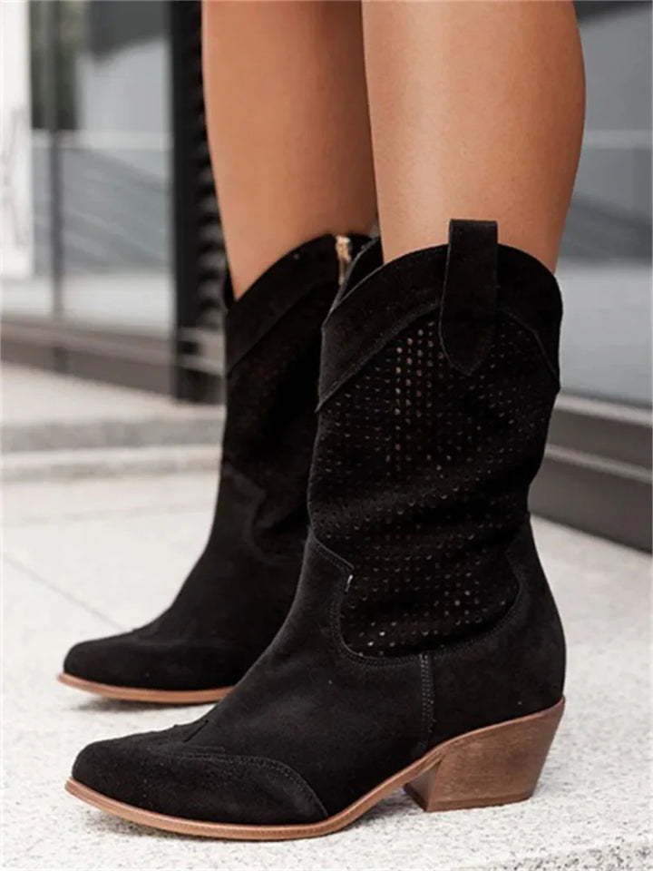 Western Cowboy Boots with Low Heel and Mid-Calf Shaft