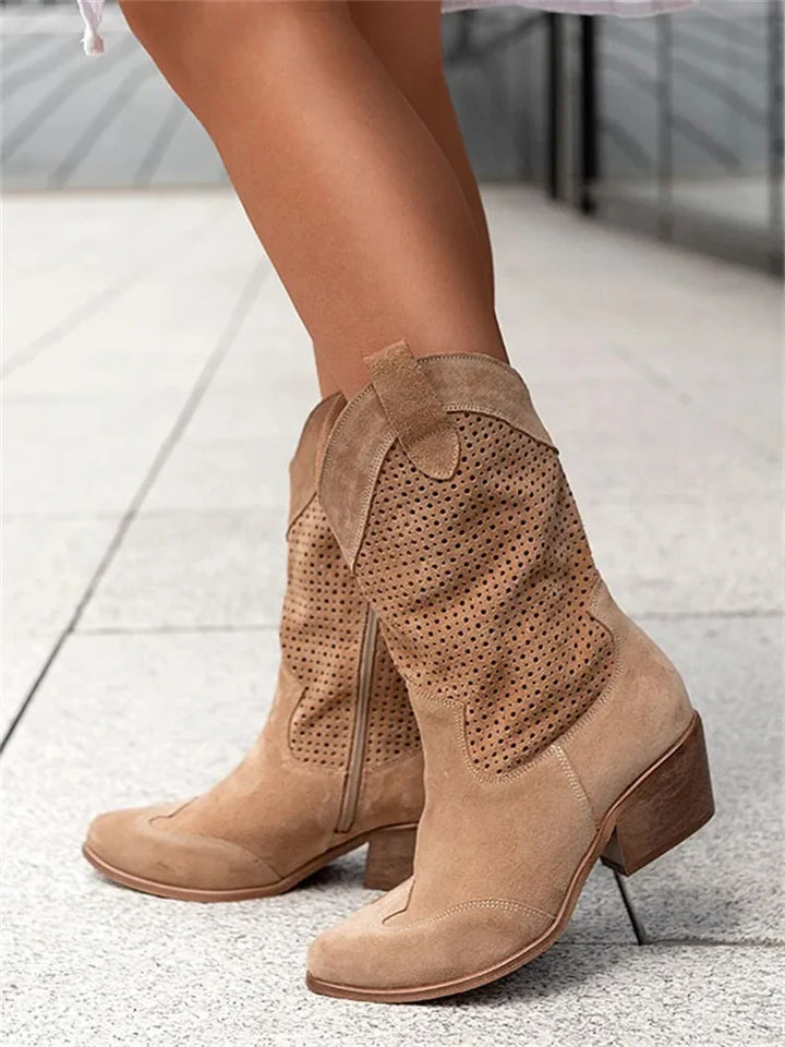 Western Cowboy Boots with Low Heel and Mid-Calf Shaft