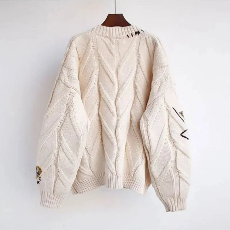 CozyKnit – Knitted V-Neck Women’s Cardigan with Patchwork Embroidery