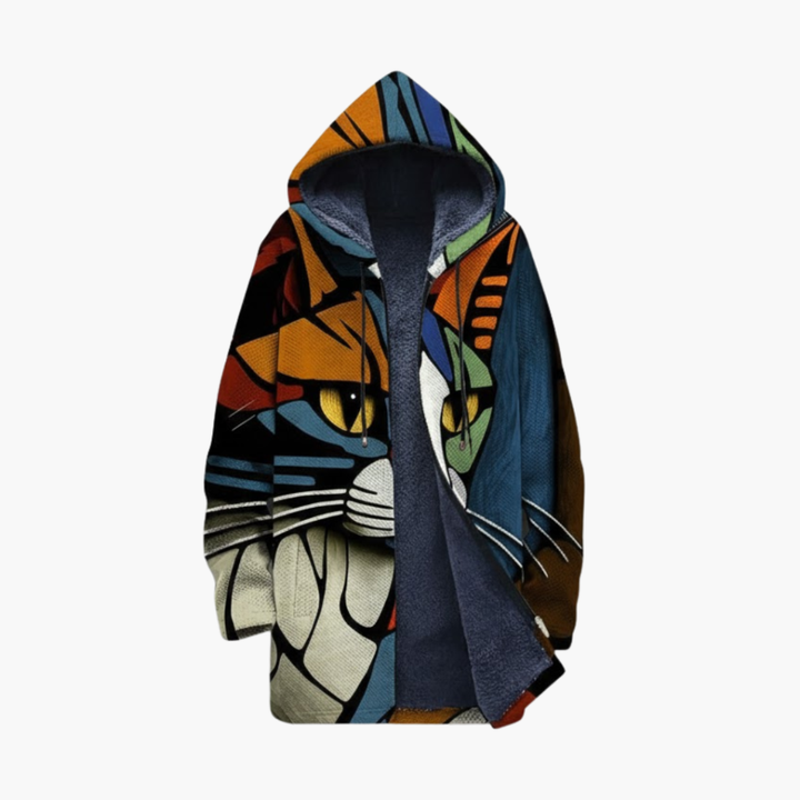 Unisex Hooded Zip Cardigan with Cat Print Design