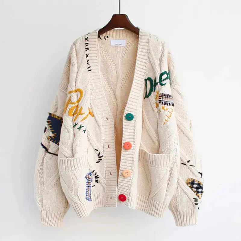 CozyKnit – Knitted V-Neck Women’s Cardigan with Patchwork Embroidery