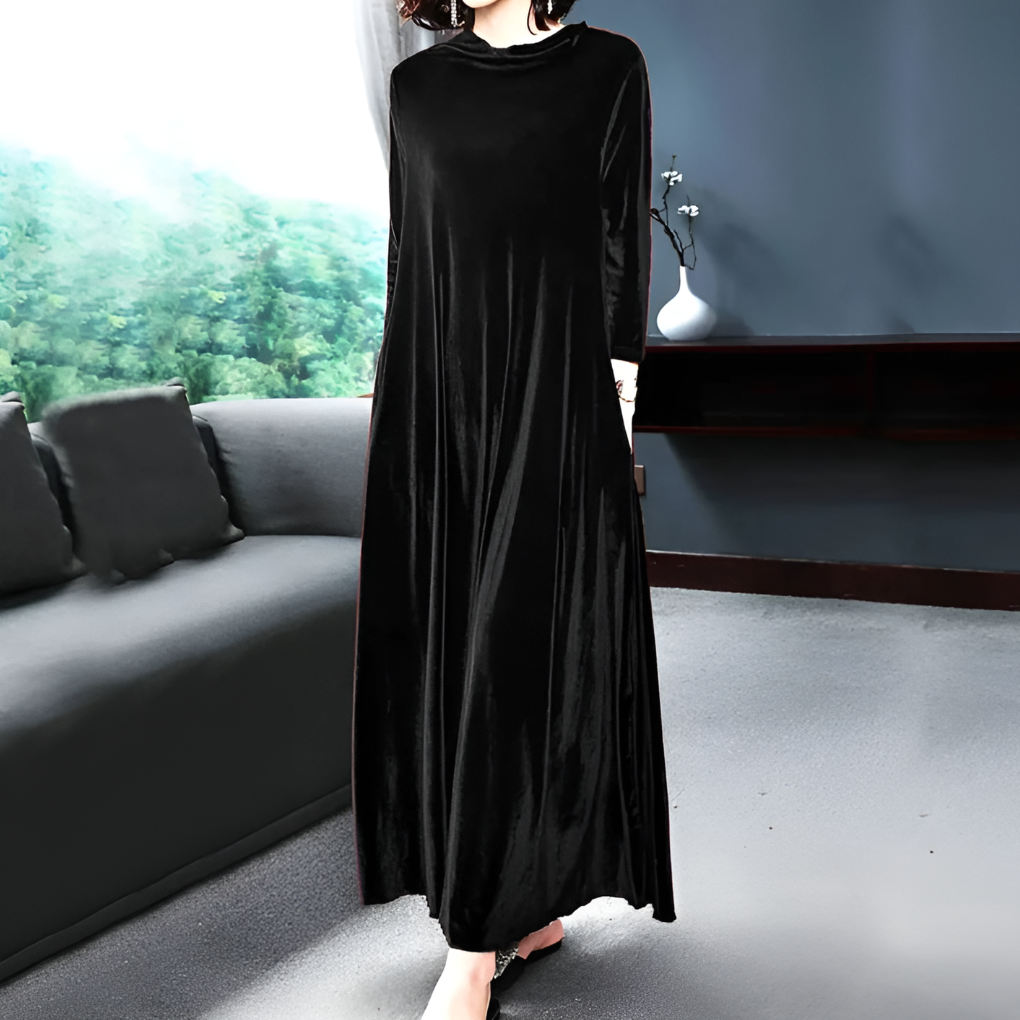 Women’s Velvet Wine-Red Long-Sleeve Dress