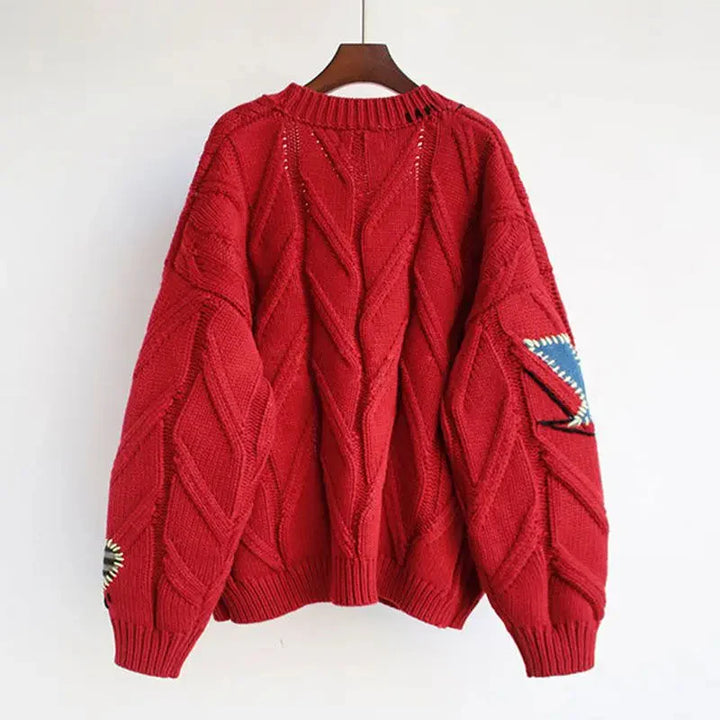 CozyKnit – Knitted V-Neck Women’s Cardigan with Patchwork Embroidery