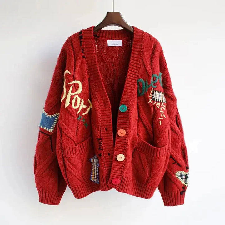 CozyKnit – Knitted V-Neck Women’s Cardigan with Patchwork Embroidery