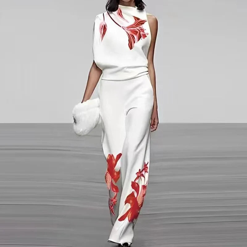 Sleeveless Two-Piece Printed Set with High Collar