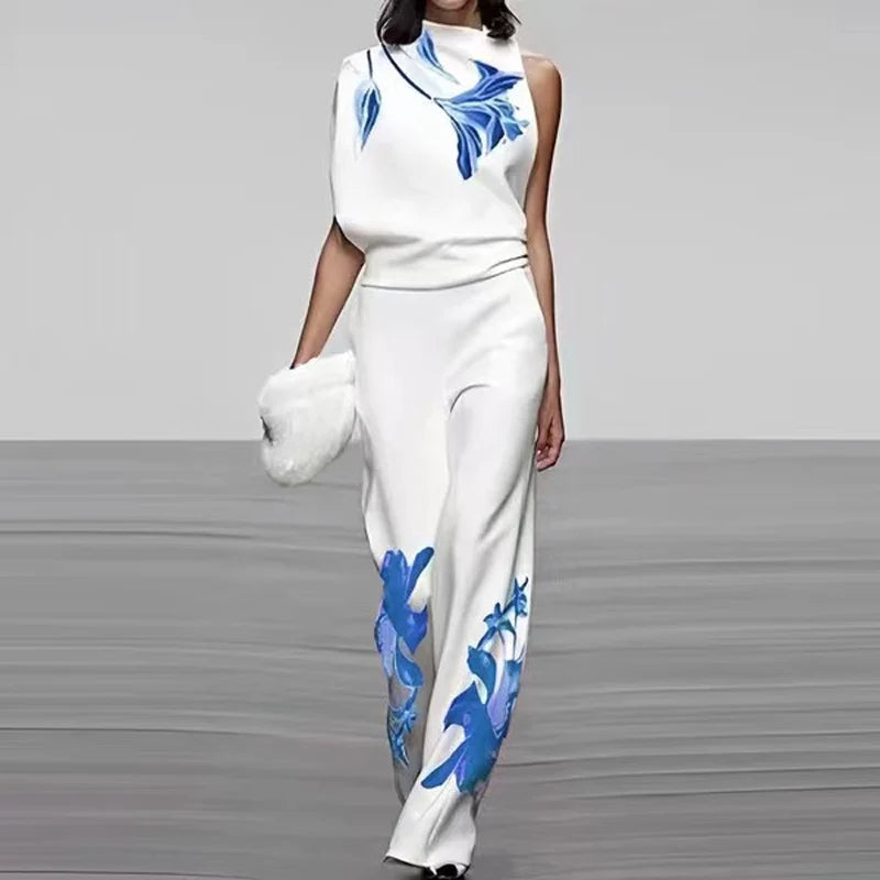 Sleeveless Two-Piece Printed Set with High Collar