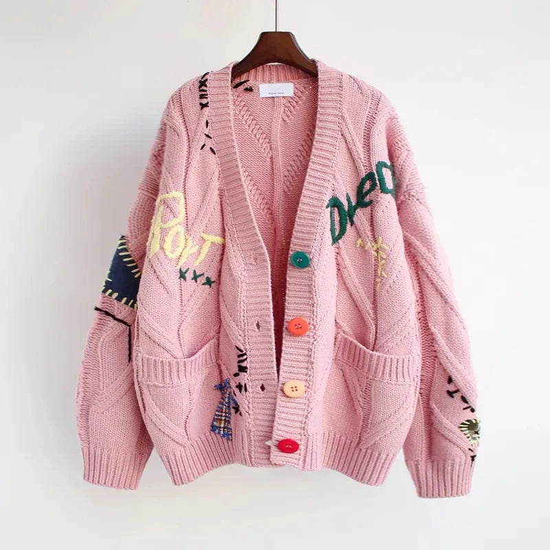 CozyKnit – Knitted V-Neck Women’s Cardigan with Patchwork Embroidery