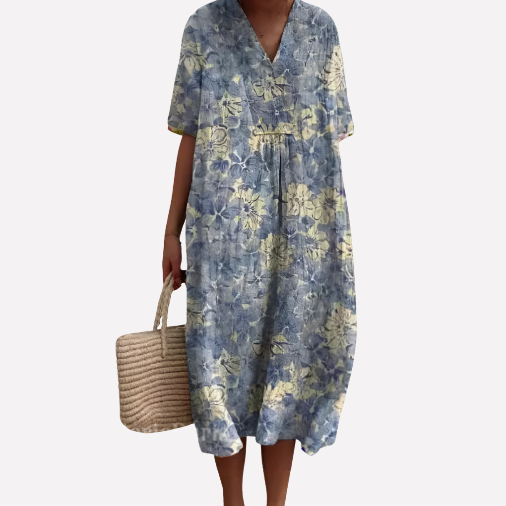 Women’s Floral Summer Dress – V‑Neck &amp; Short Sleeves