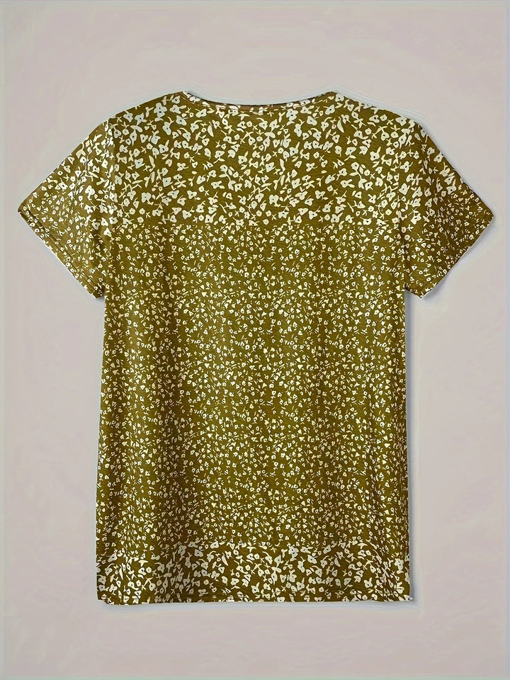 Casual Summer Top with V-Neck, Button Closure, and Short Sleeves