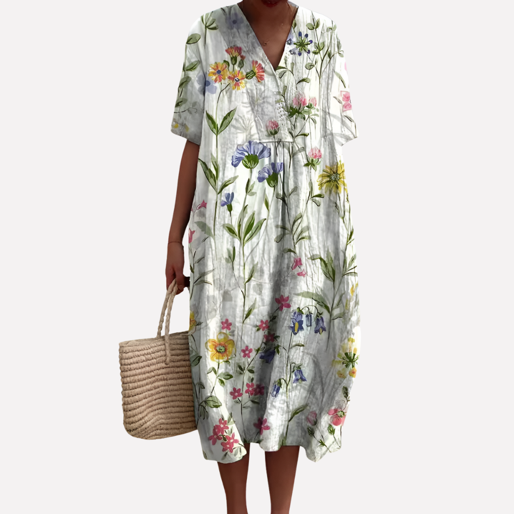 Women’s Floral Summer Dress – V‑Neck &amp; Short Sleeves