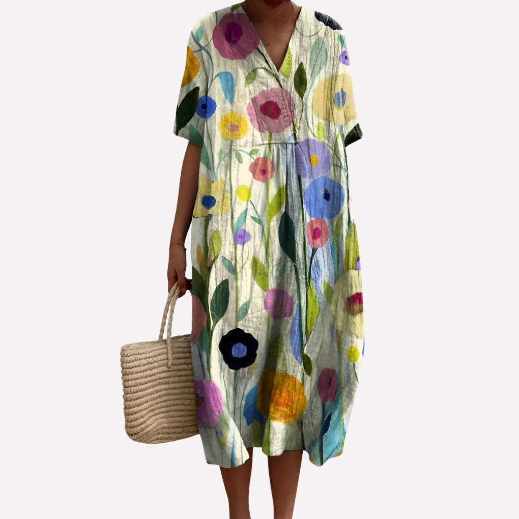 Women’s Floral Summer Dress – V‑Neck &amp; Short Sleeves