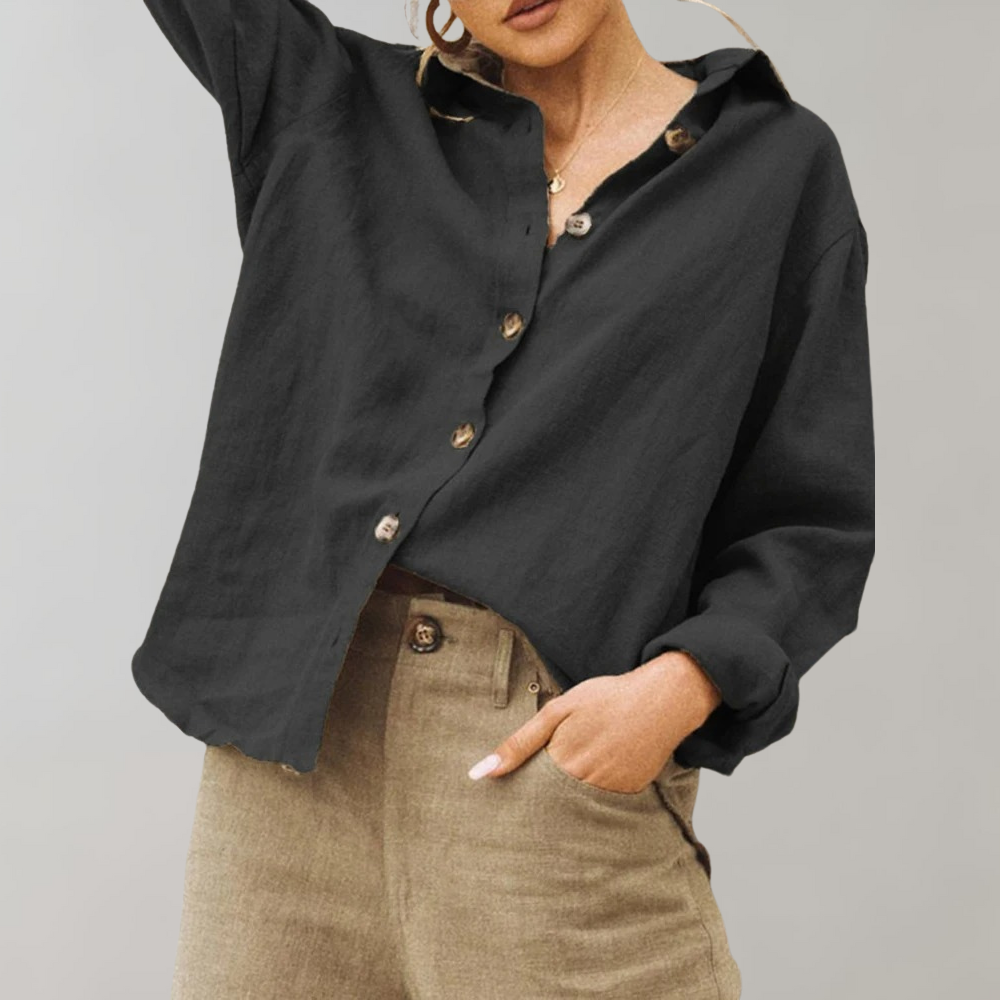 Vintage Linen Blouse for Women with Relaxed Fit and Classic Collar