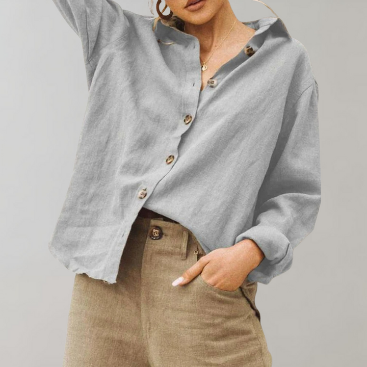 Vintage Linen Blouse for Women with Relaxed Fit and Classic Collar