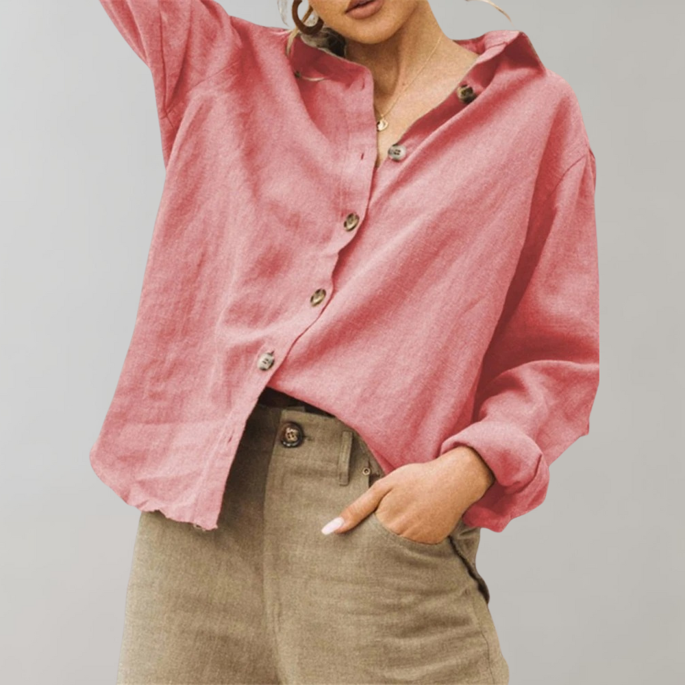 Vintage Linen Blouse for Women with Relaxed Fit and Classic Collar