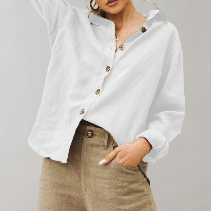 Vintage Linen Blouse for Women with Relaxed Fit and Classic Collar