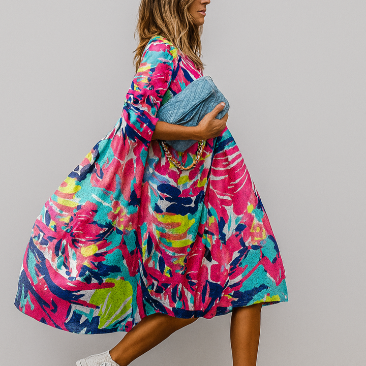 Oversized Floral Print Midi Shirt Dress