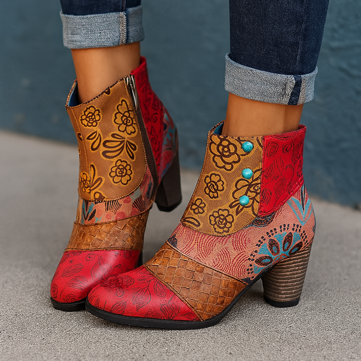 Embossed Floral Leather with Chunky Heel and Vintage Charm