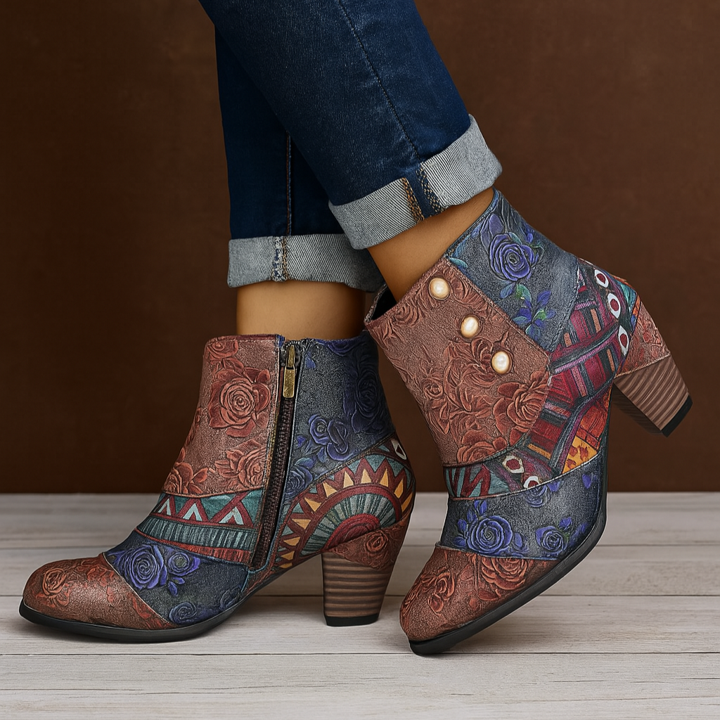 Embossed Floral Leather with Chunky Heel and Vintage Charm