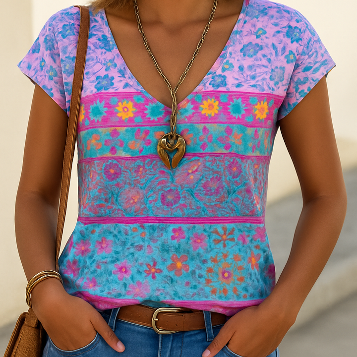Women's Floral Print T-Shirt V-Neck