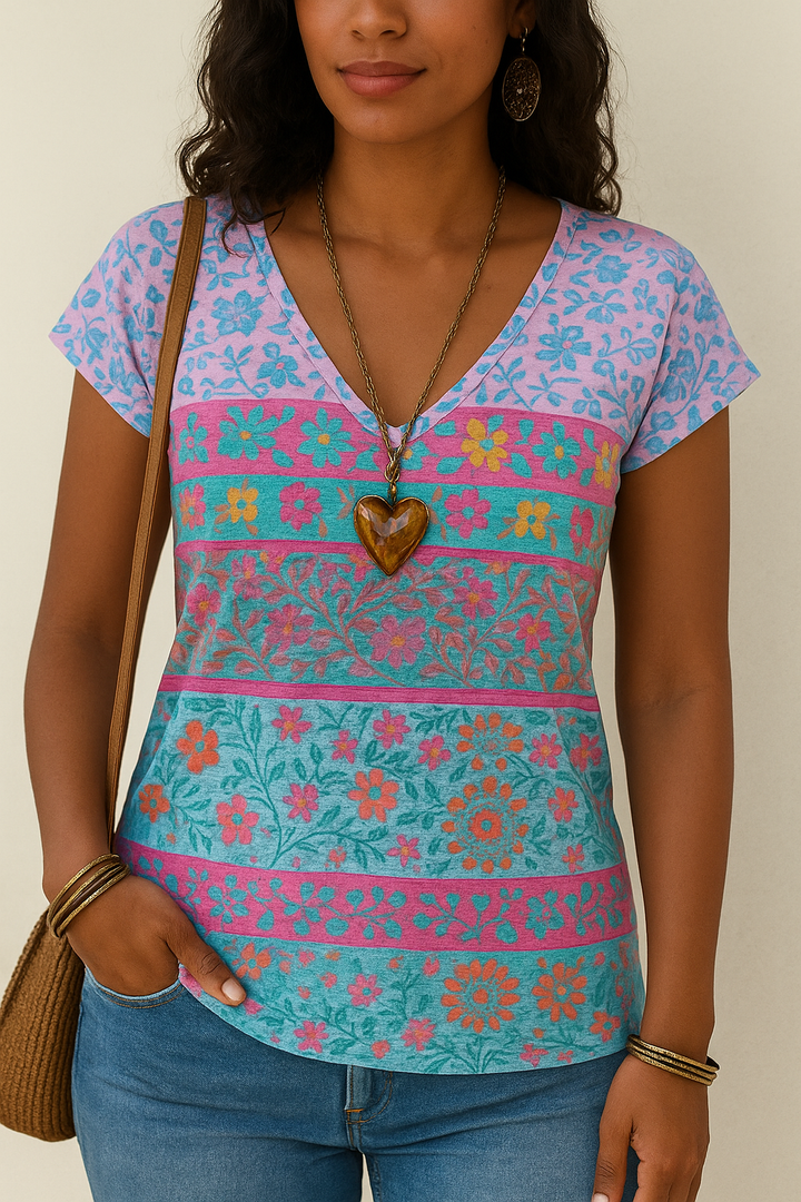 Women's Floral Print T-Shirt V-Neck