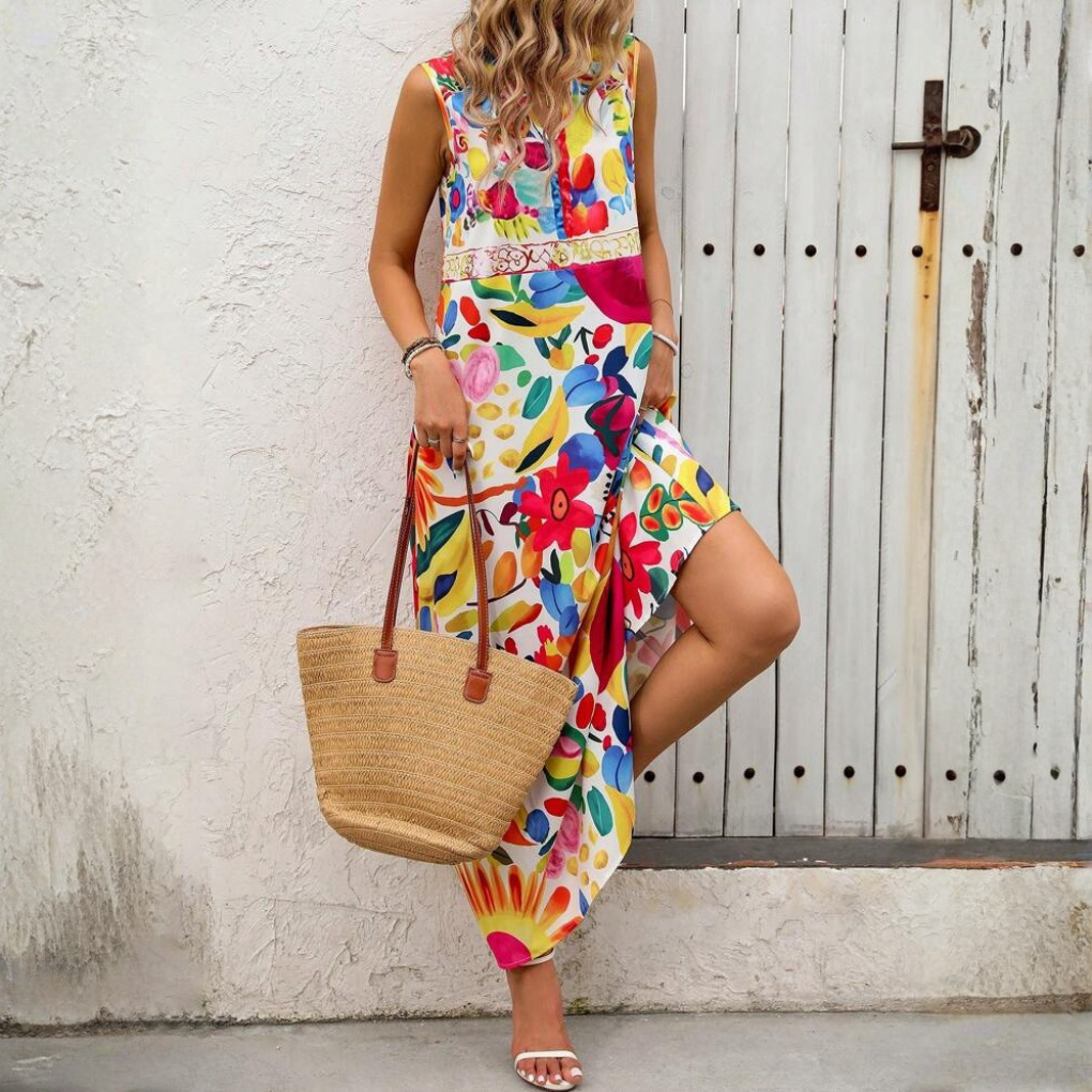 Women’s Colorful Floral V‑Neck Sleeveless Dress