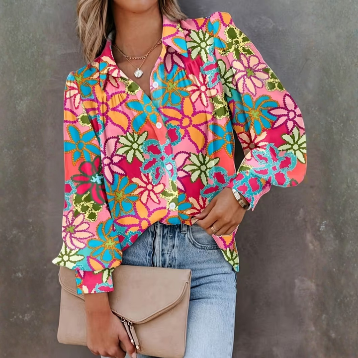 Women’s Floral Print Button‑Front Long‑Sleeve Shirt