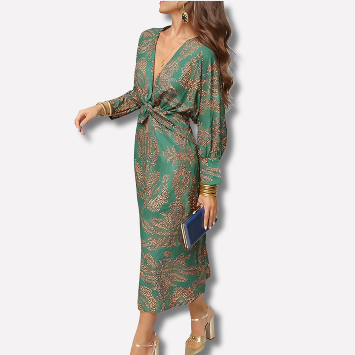 Printed Midi Dress with Knot Front and Deep V-Neck