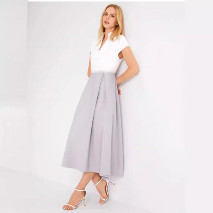 White Colorblock V-Neck Flared Summer Dress