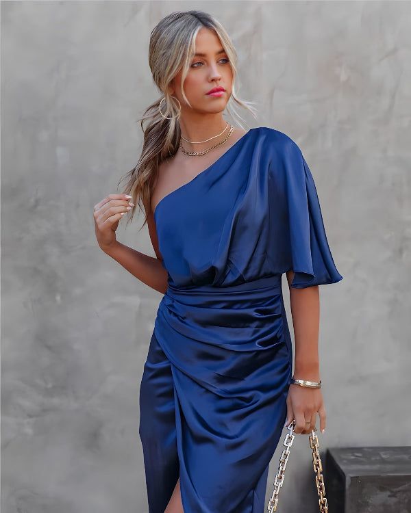 Satin Midi Dress with One-Shoulder Design and Elegant Ruffles