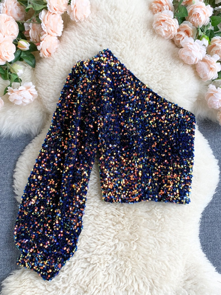 Fleur – Glitter One-Shoulder Top | Sparkle with Elegance