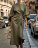 Women's Midi Dress Structured A-Line with Belted Waist and Bell Sleeves