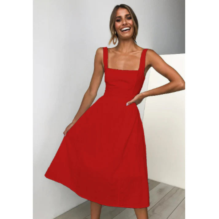 Sleeveless A-Line Square Neck Midi Dress