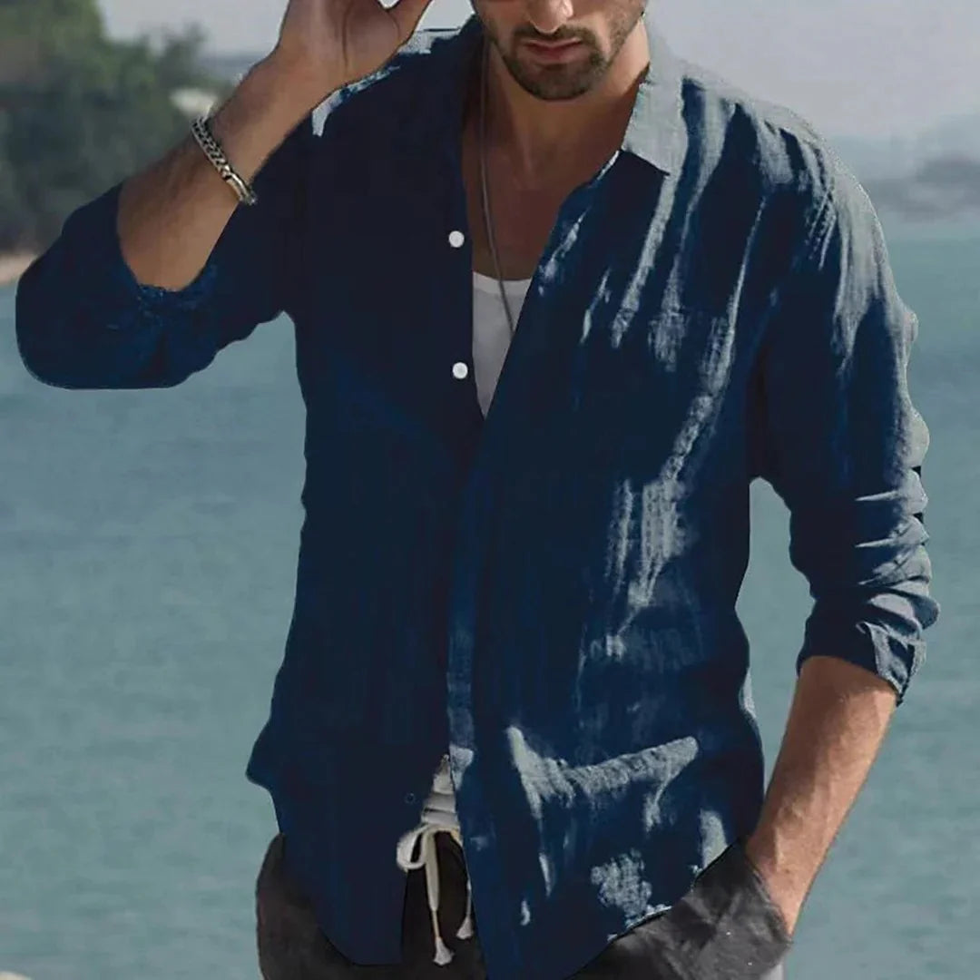 Vintage Solid Linen Shirt with Turn-Down Collar