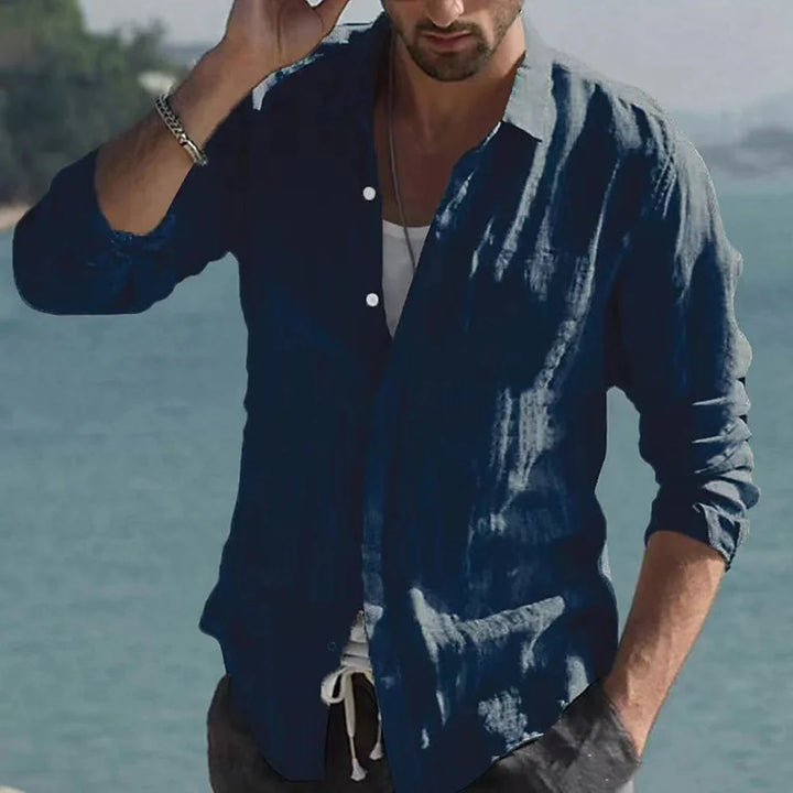 Vintage Solid Linen Shirt with Turn-Down Collar