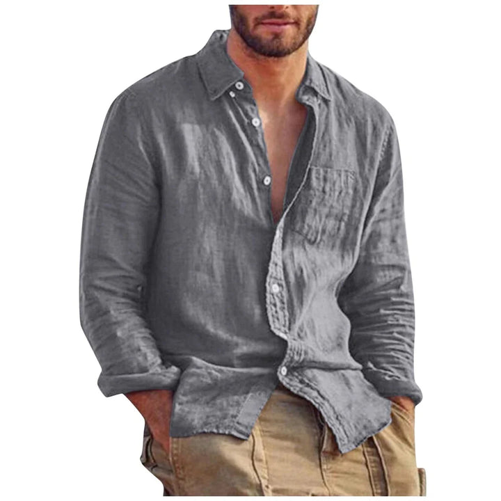 Vintage Solid Linen Shirt with Turn-Down Collar