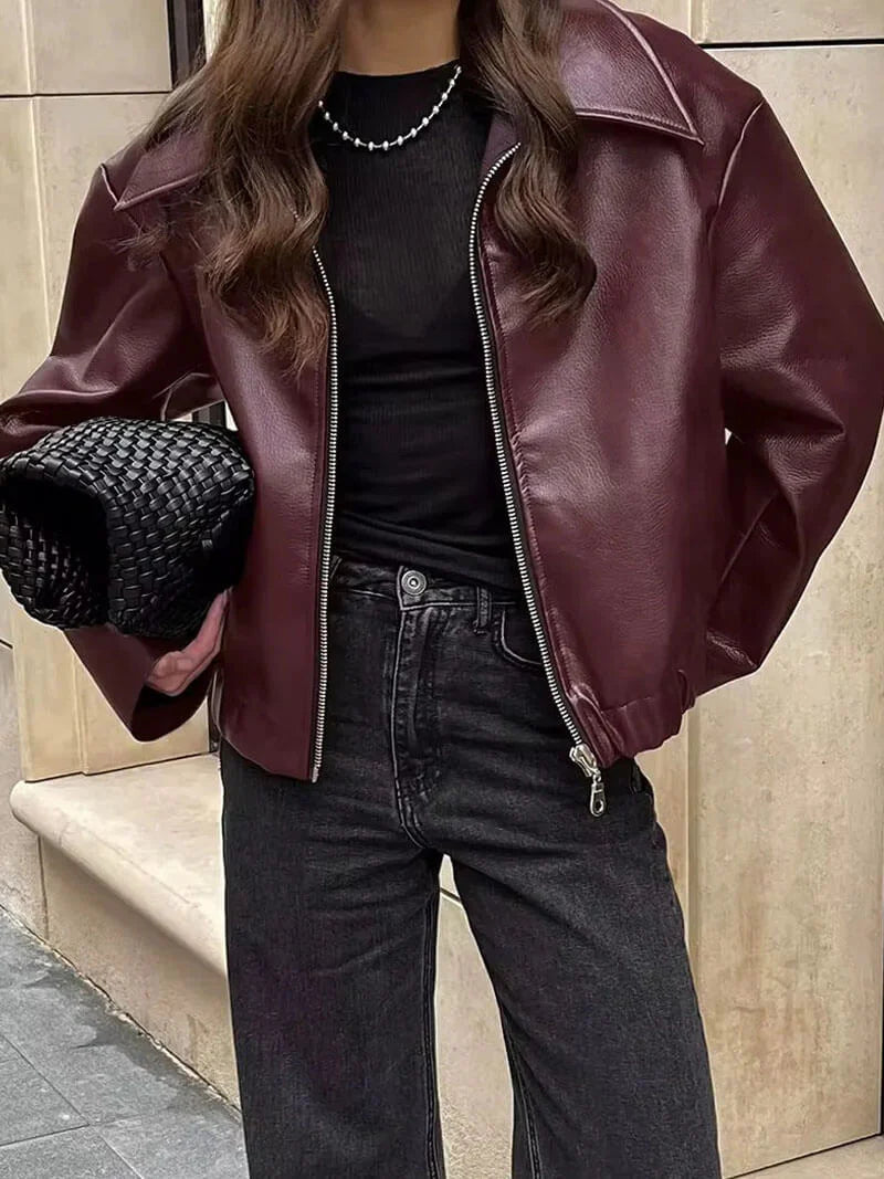 Women's Burgundy Faux Leather Jacket