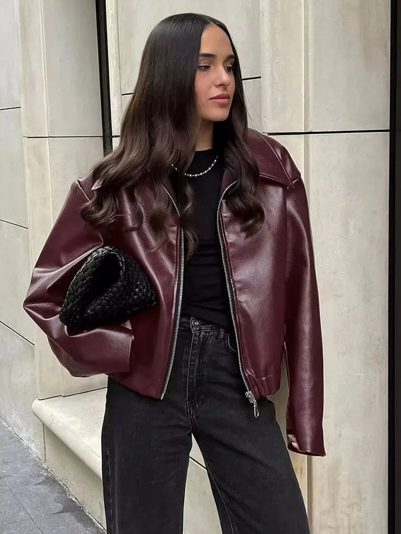 Women's Burgundy Faux Leather Jacket