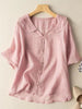 Women's cotton and linen retro short sleeved navy doll collar thin shirt